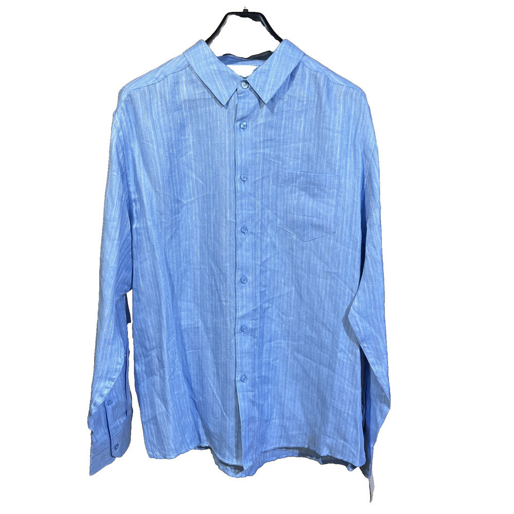 Cubavera Linen Button Up Long Sleeve Shirt XL Blue Textured Beachy Coastal
